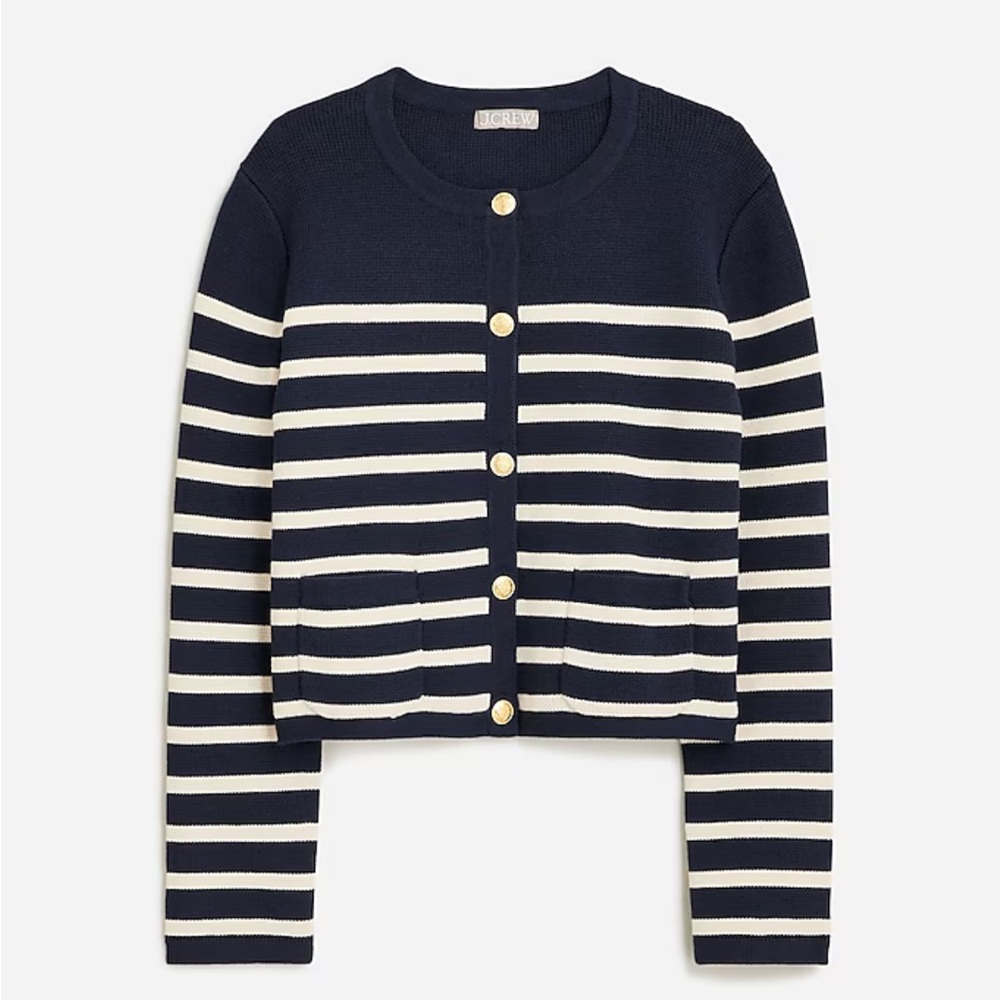 J.Crew Emilie sweater lady jacket in stripe small navy Moroccan sand